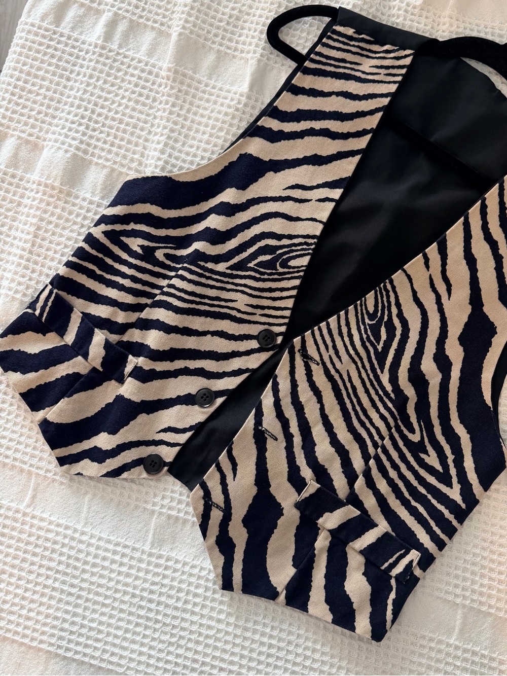 Zebra Print Button Front Vest in Black and Beige